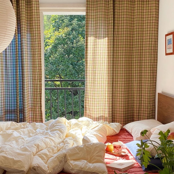 올리브 그린 체크 방한 암막 커튼