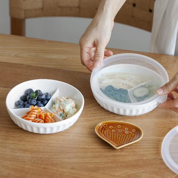 하온 3칸 도자기 반찬 접시 (뚜껑 포함) 